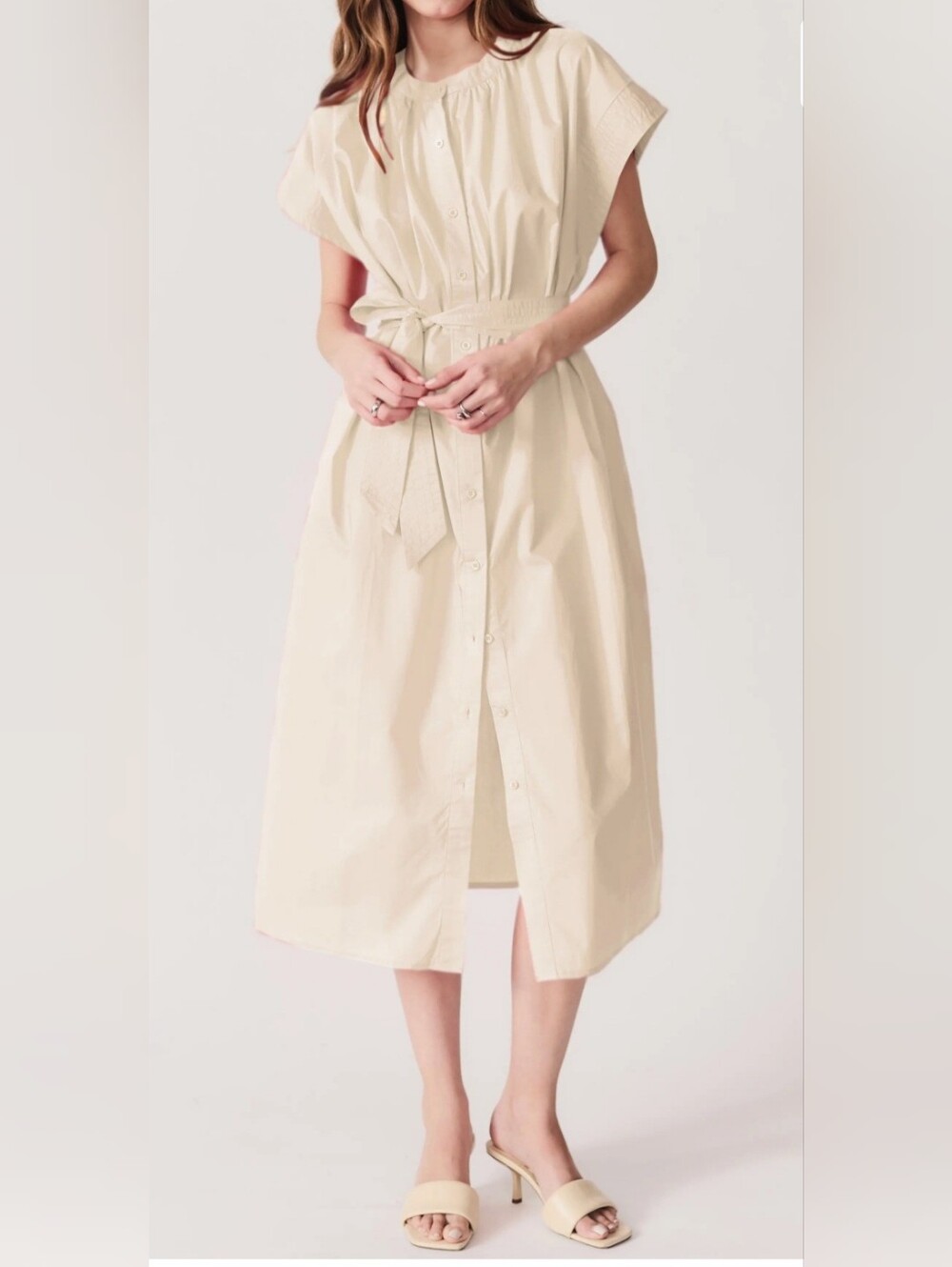 Deluc Cream Button-Front Belted Midi Dress